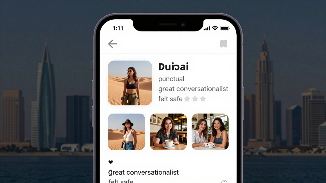 A smartphone displaying a genuine escort profile with travel photos and verified reviews.