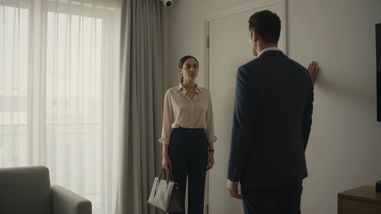 An independent escort waiting calmly at the entrance of a secure private apartment in Jumeirah.